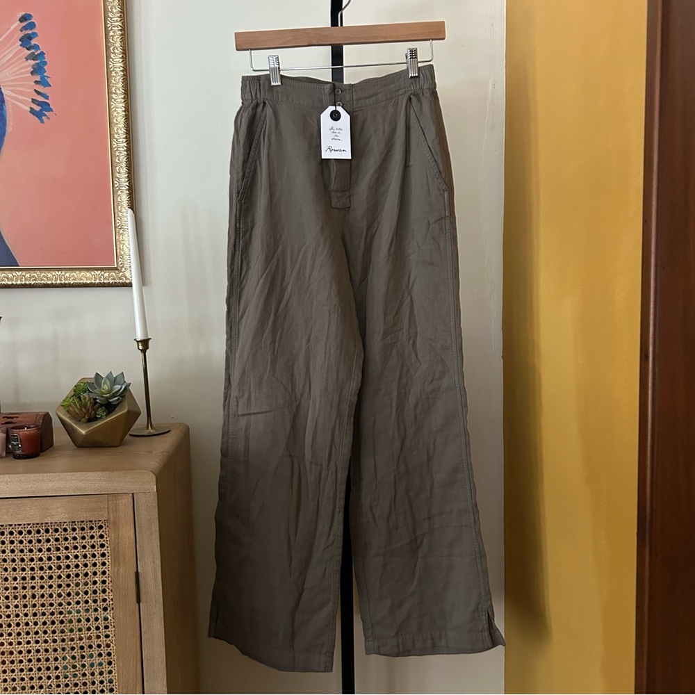 Wide Leg Linen-Blend Pants in Olive Taupe - Picture 2 of 10